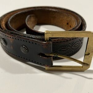 Vintage - brown, leather tooled belt, brass hardware